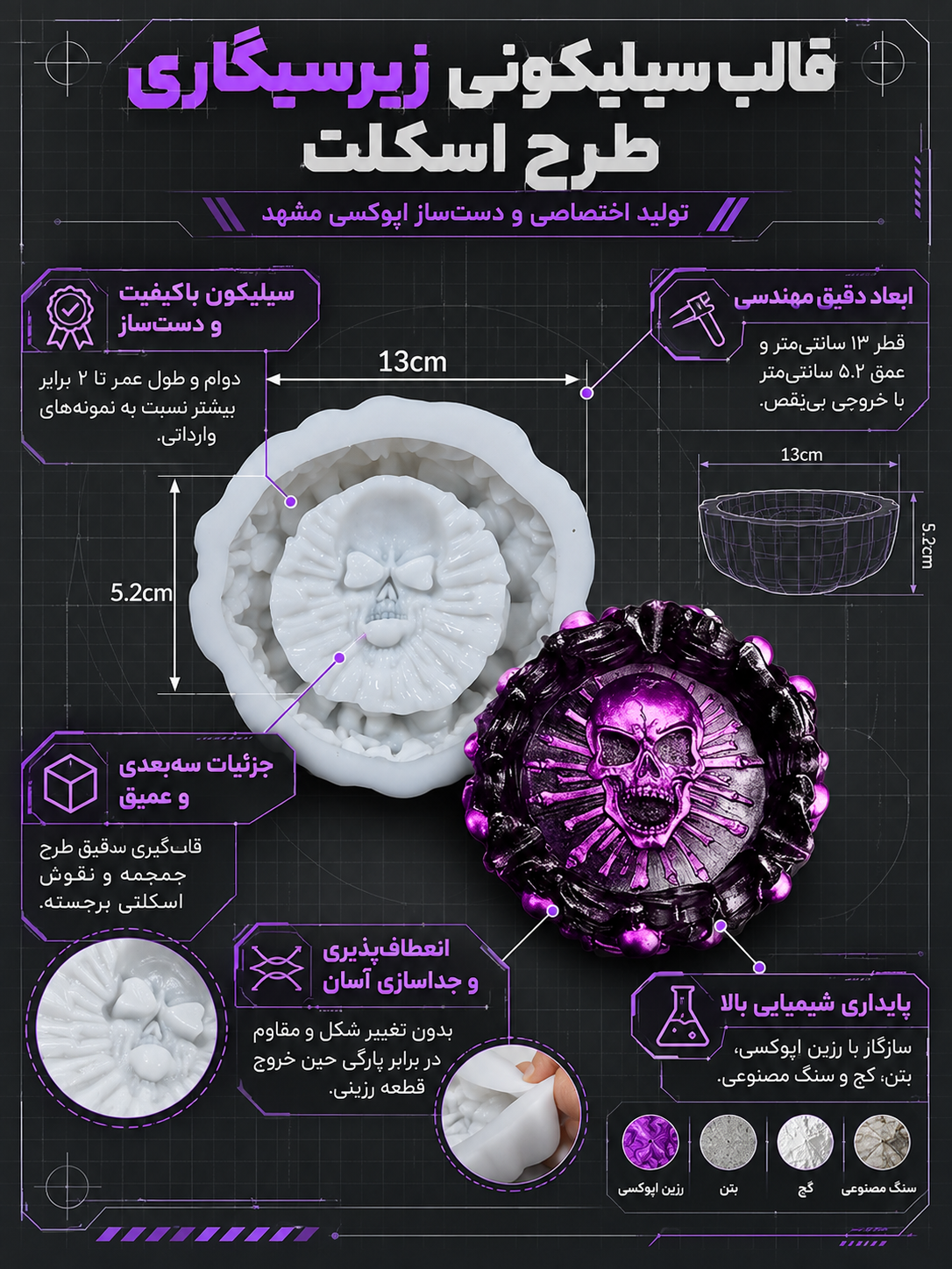 قالب سیلیکونی مدل زیر سیگاری طرح اسکلت (دست ساز وظخیم )